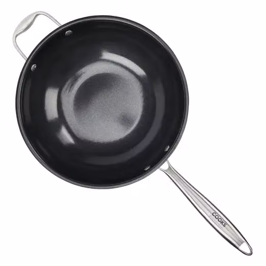 Cooks Professional Tri-Ply Wok with Glass Lid and Ceramic Non-Stick Coating in Silver, 28cm – 3