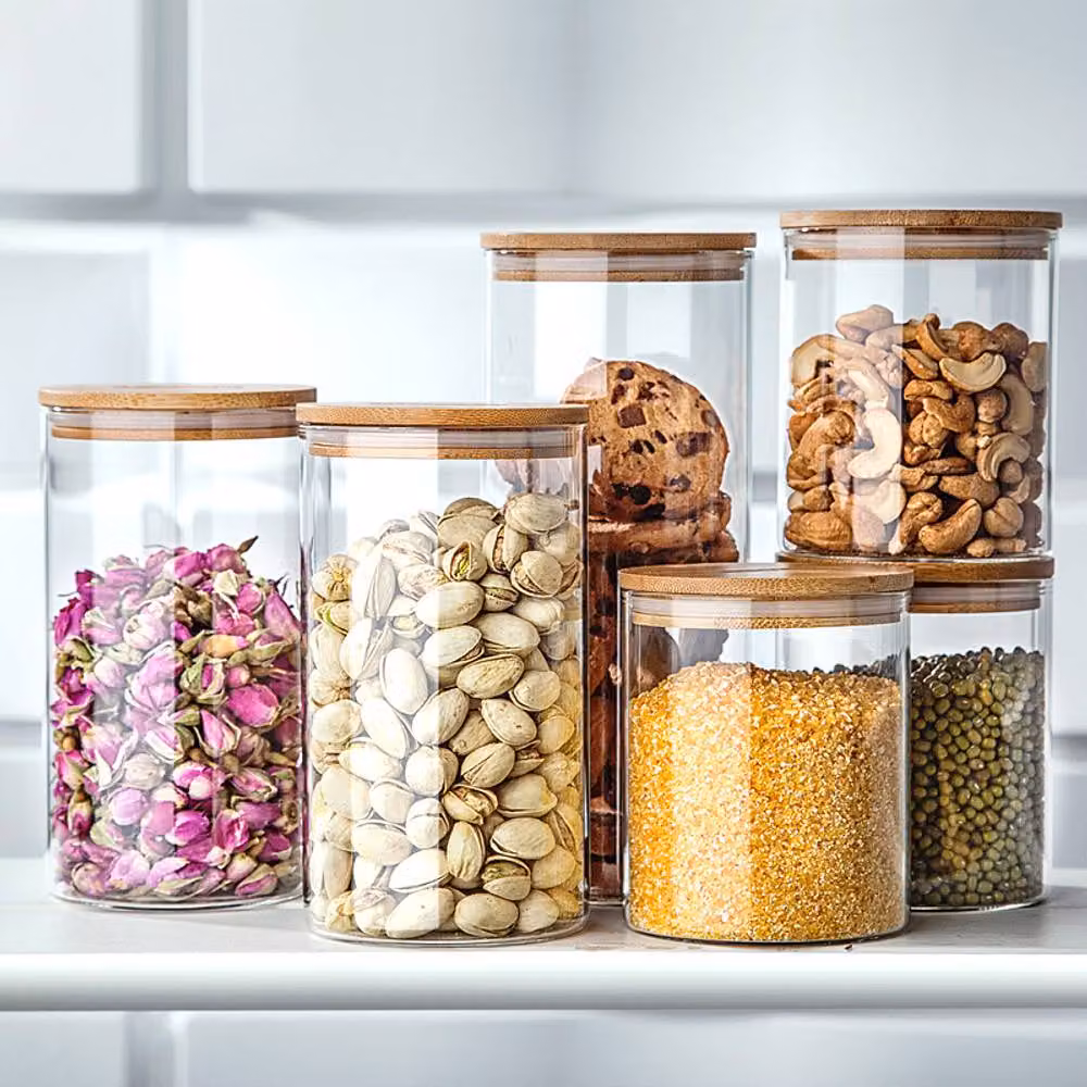 Living and Home 10-Piece Glass Storage Jar Set with Bamboo Lids and Measuring Spoons in Beige – 8