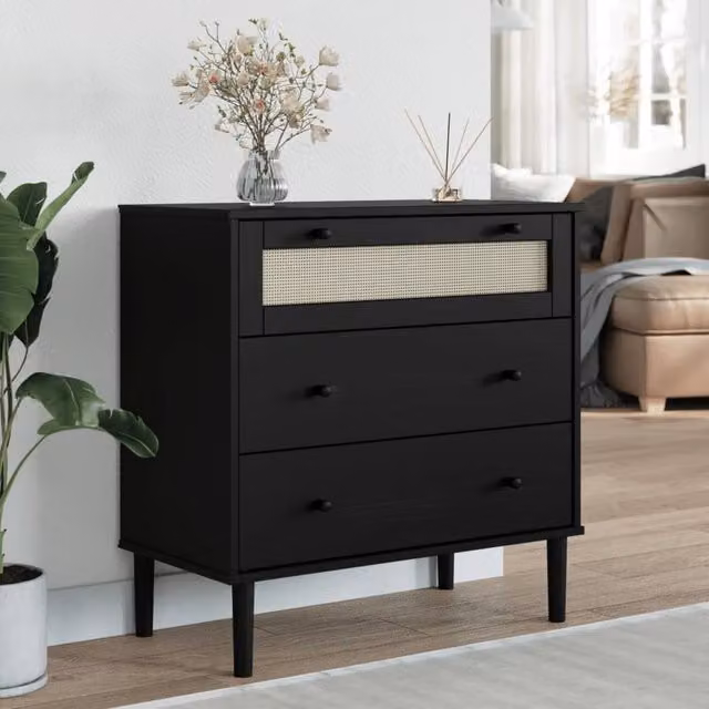 Berkfield Home SENJA Drawer Cabinet in Black Rattan Look, Solid Pine Wood, W/D/H: 80 x 40 x 80 cm