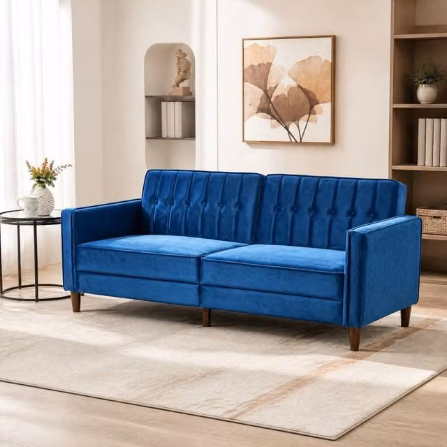 STILVORA 3-Seater Blue Fabric Sofa Bed with Split Reclining Back and Adjustable Headrests