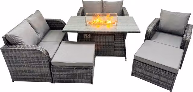 Fimous 7-Seater Rattan Patio Dining Set with Gas Fire Pit Table and 2 Footstools in Dark Grey Mixed