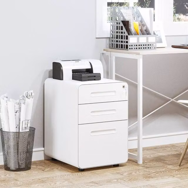 STILVORA 3 Drawer Metal File Cabinet with Lock in White Matt