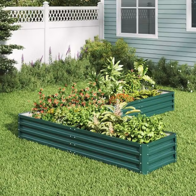 Lifeideas L-Shaped Metal Raised Flower Bed in Dark Green, H 30 cm x W 277 cm x D 207 cm