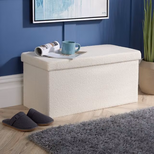 Home Source Furry Folding Ottoman in White Bouclé Fabric