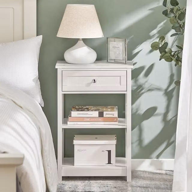 SoBuy Modern White Bedside Table with 1 Drawer and 2 Shelves, W: 45 cm, D: 30 cm, H: 68 cm – 1