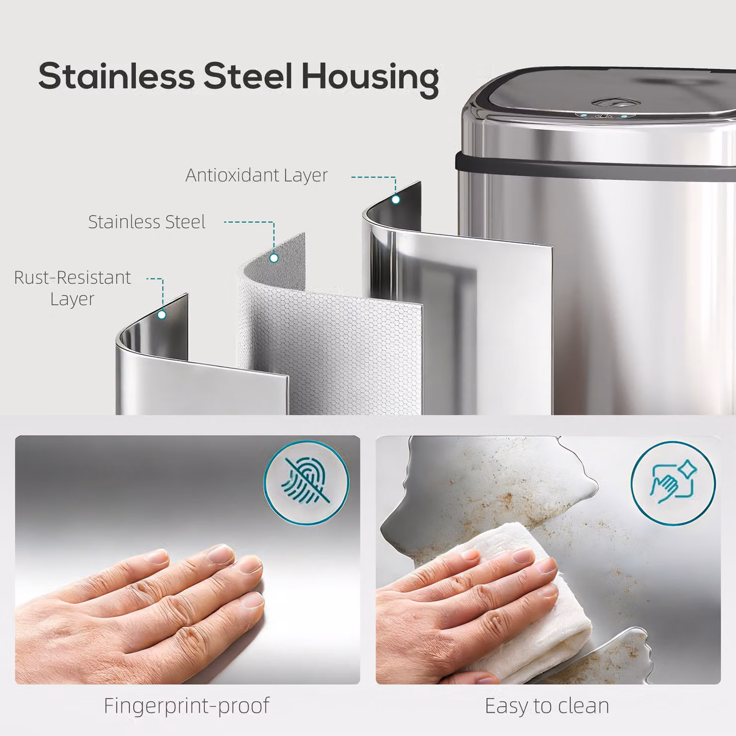 HOMCOM 68L Automatic Sensor Lid Stainless Steel Kitchen Bin in Silver – 4