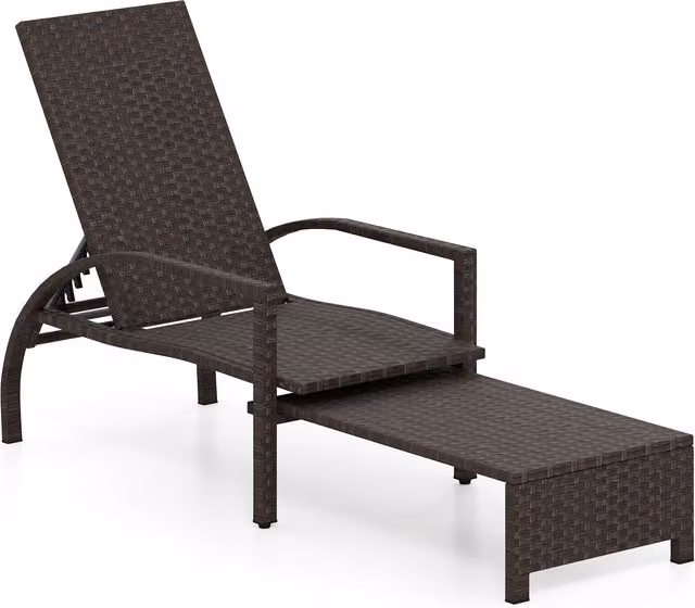 Costway Brown Wicker Reclining Patio Chaise Lounge with Matching Ottoman and Metal Frame