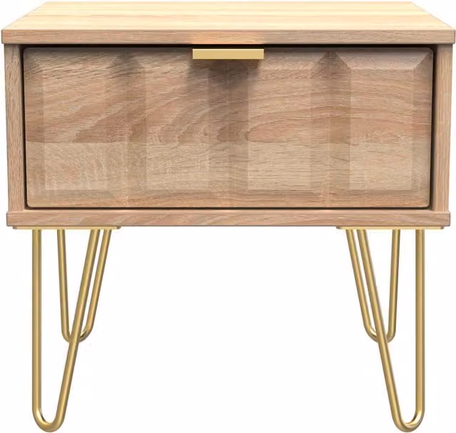 2 U Metro Ready Assembled 1 Drawer Bedside Table in Light Oak and Gold, Small
