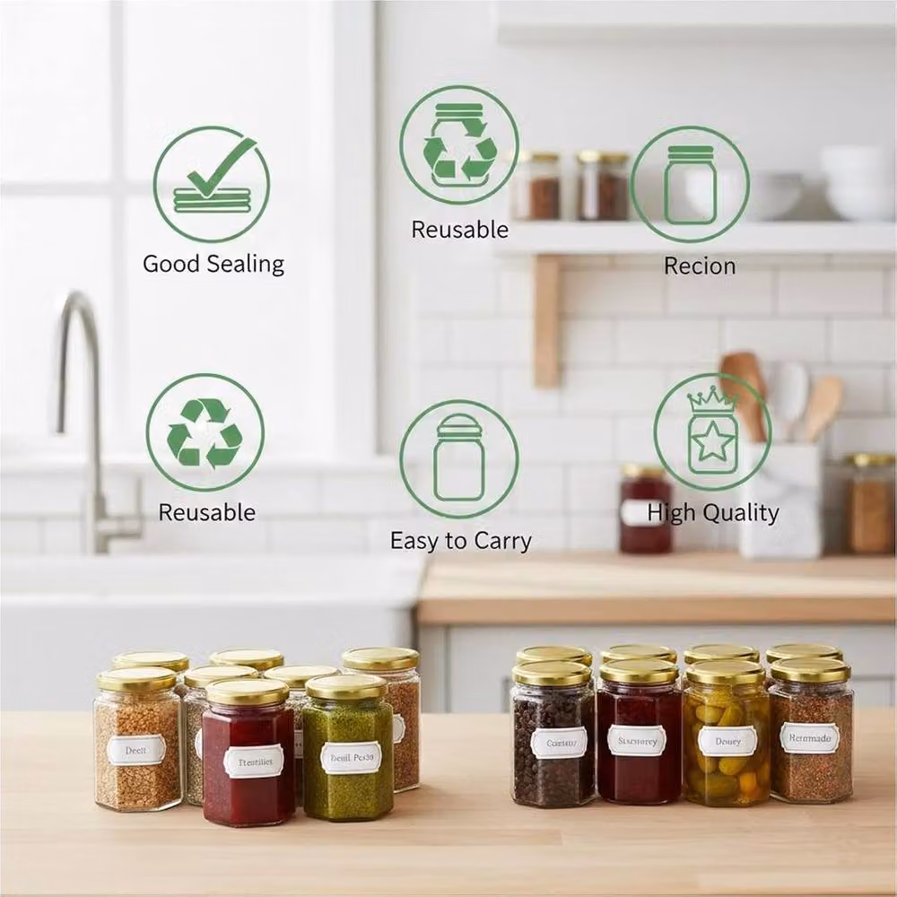 ATEK Set of 72 Hexagonal Glass Storage Jars with Airtight Lids, 180ml, Transparent – 9