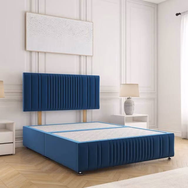 BSSPOKE Rosie Divan Bed with 24 inch Headboard in Blue Plush Velvet, Single, W/D/H: 90 x 190 cm