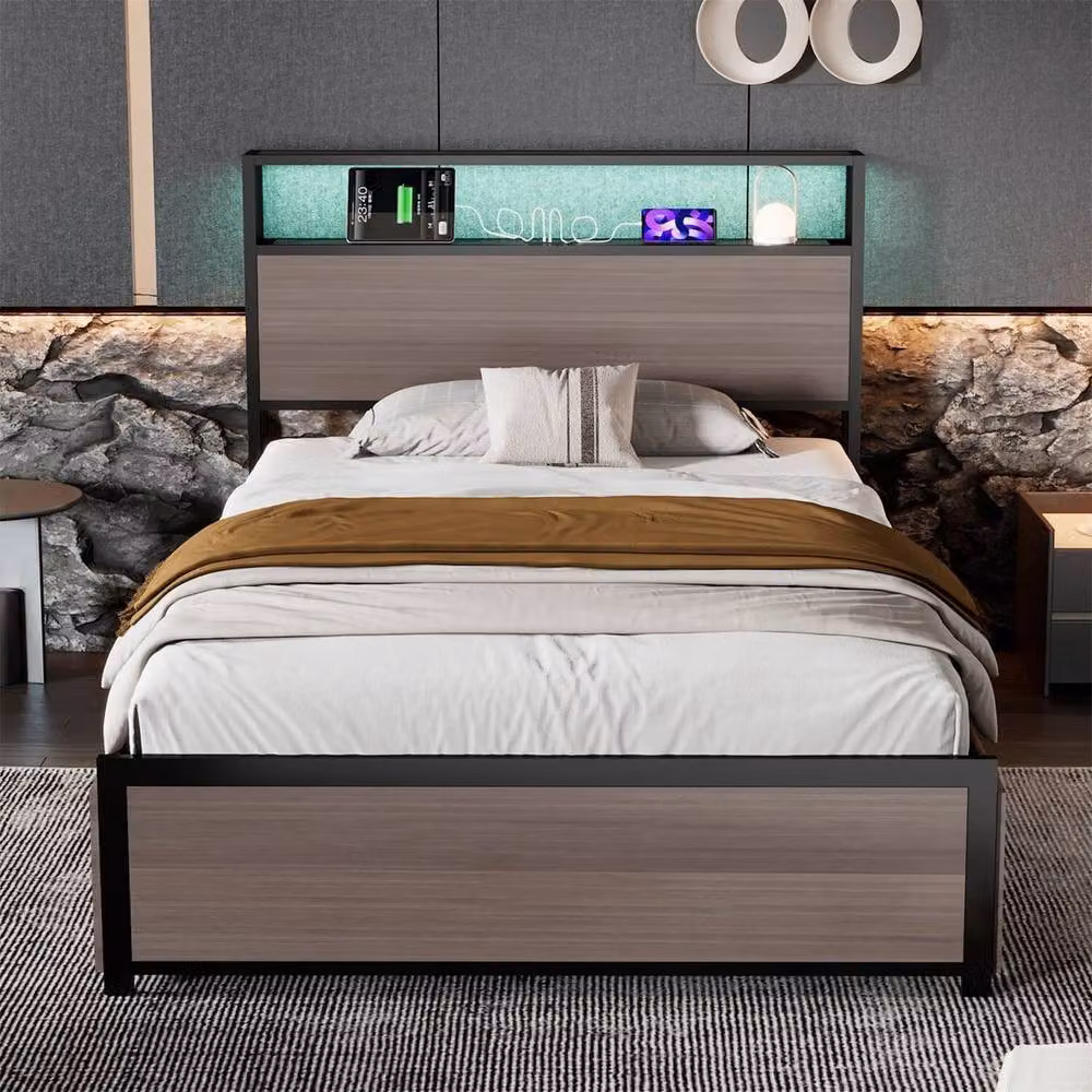 PAWNORA Single Bed Frame with LED Under-Bed Lighting and Drawers in Grey, 90 x 200 cm – 5