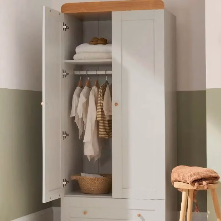 Tutti Bambini Grey Oak Nursery Wardrobe with Integrated Drawers, H 175 cm x W 75 cm x D 48 cm