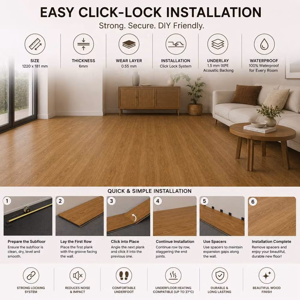 ENER-J Britwall English Oak SPC Luxury Vinyl Flooring, Brown Wood Look Click Lock Plank, Pack of 10, 2.2 m2, Thickness: 6 mm, Plank Size: 1220 x 181 mm – 2