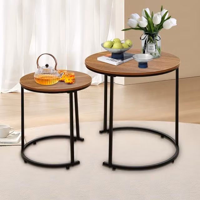 Alivio Set of 2 Round Modern Coffee Tables with Metal Frames and Brown Wooden Tops
