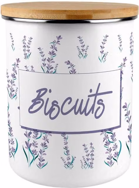 Purely Home Floral Lavender Print Enamel Metal Biscuit Tin in Purple and White