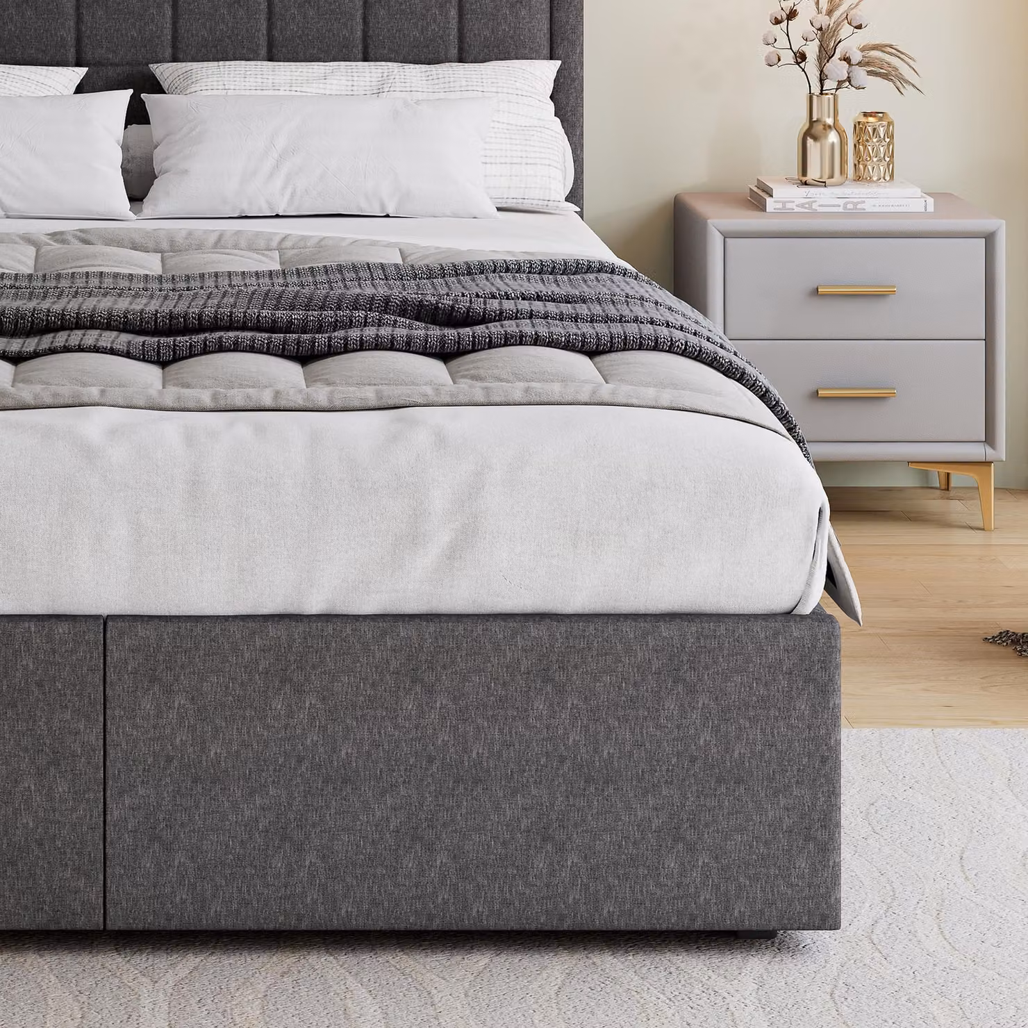 Aosom UK Grey Upholstered Bed Frame with 4 Under-Bed Drawers, H x W x D: 111 x 140 x 208 cm – 5
