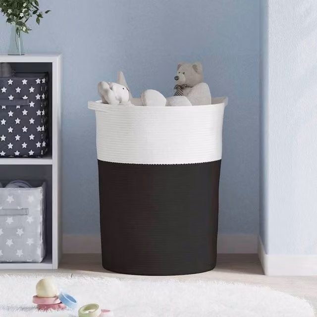 Berkfield Black and White Open Weave Cotton Storage Basket with Handles W: 49 cm, H: 65 cm – 1