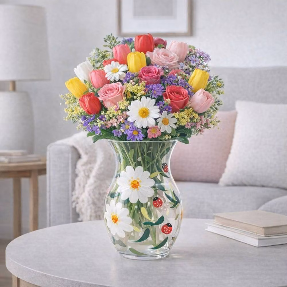 Lesser & Pavey Multicolour Floral Glass Tabletop Vase, H 17.0 cm x W 11.0 cm x D 11.0 cm – 2