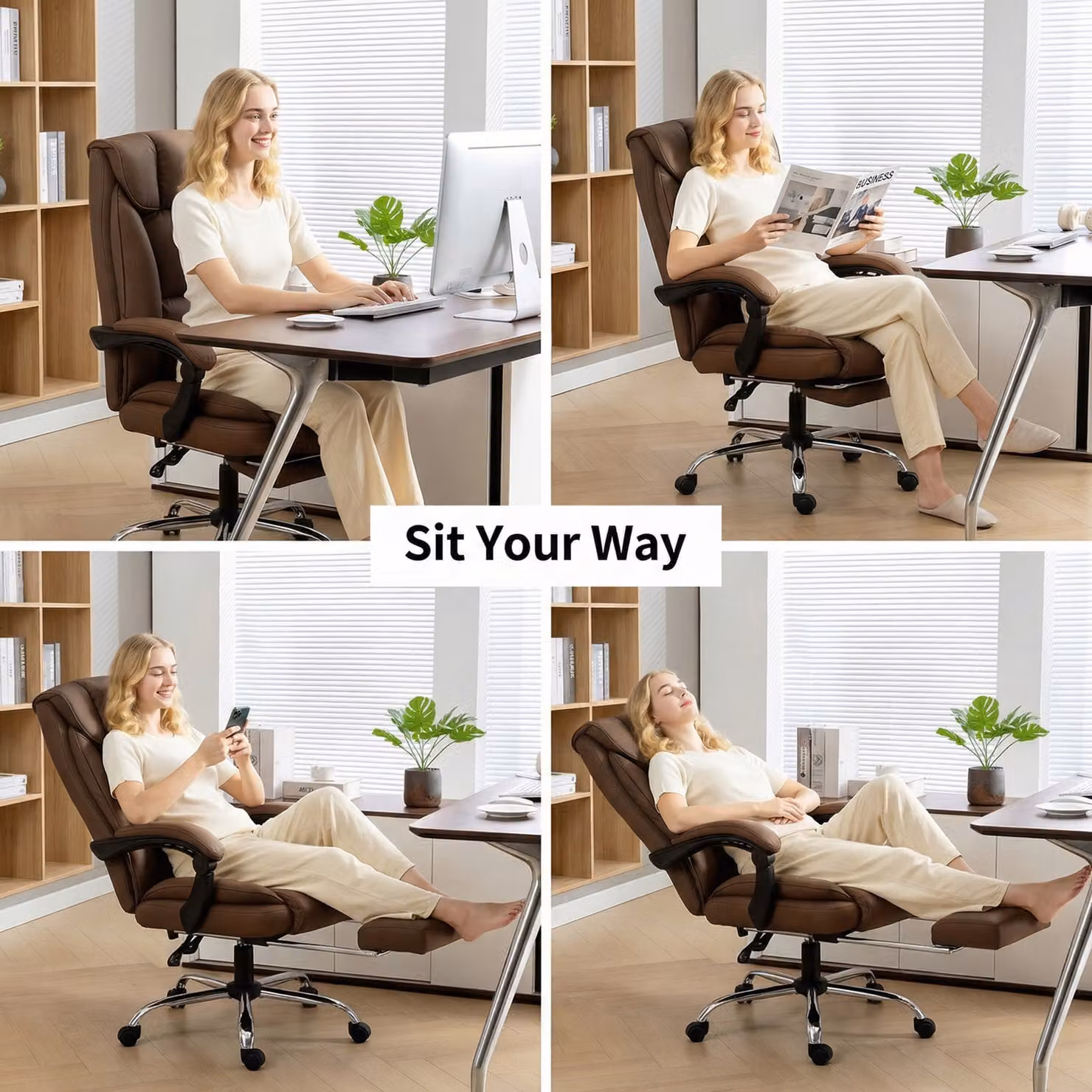 HOMCOM Brown Faux Leather Reclining Executive Swivel Office Chair with Armrests and Headrest – 8