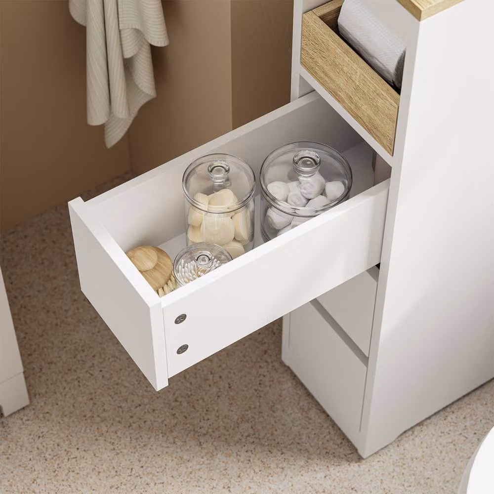 SoBuy Slim White Bathroom Side Cabinet with 3 Drawers and Open Shelf – 4