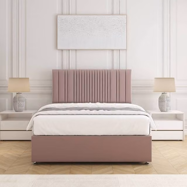 BSSPOKE Florence Double Divan Bed with 24 inch Headboard and Mattress in Pink Plush Velvet