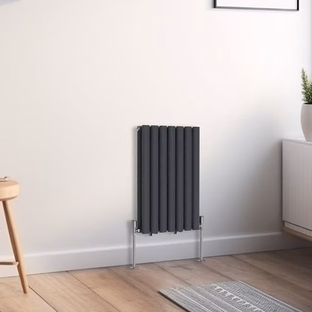 Right Radiators Oval Double Panel Horizontal Radiator in Anthracite Grey, Height: 60.0 cm, Width: 41.3 cm, Depth: 41.3 cm