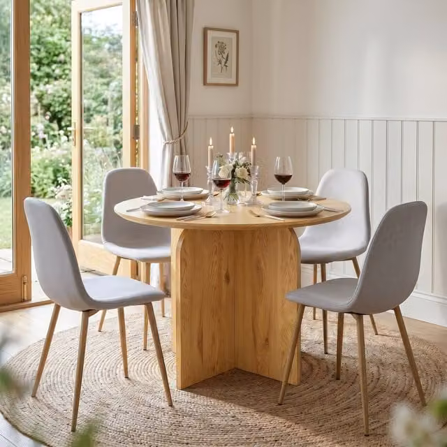 NYX Dining Set with Round Wood Effect Table and Beige Linen Chairs