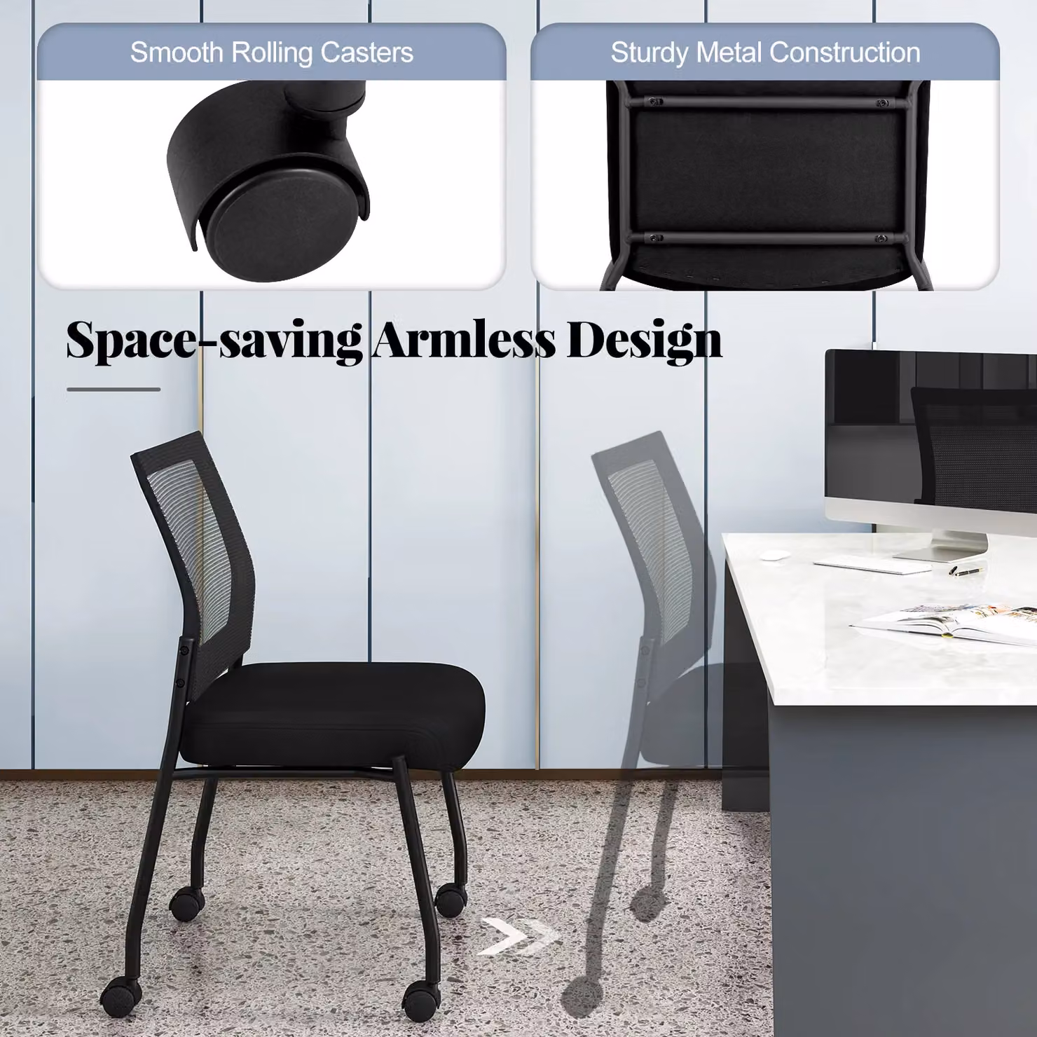 Gymax Set of 2 Stackable Black Mesh Back Office Reception Chairs with Castors – 4