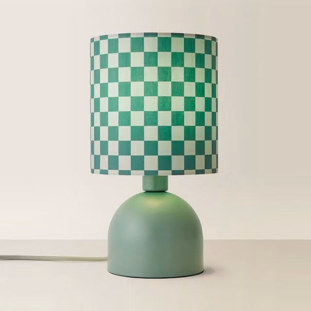 ValueLights Miley Checkerboard Print Table Lamp with Green Fabric Drum Shade