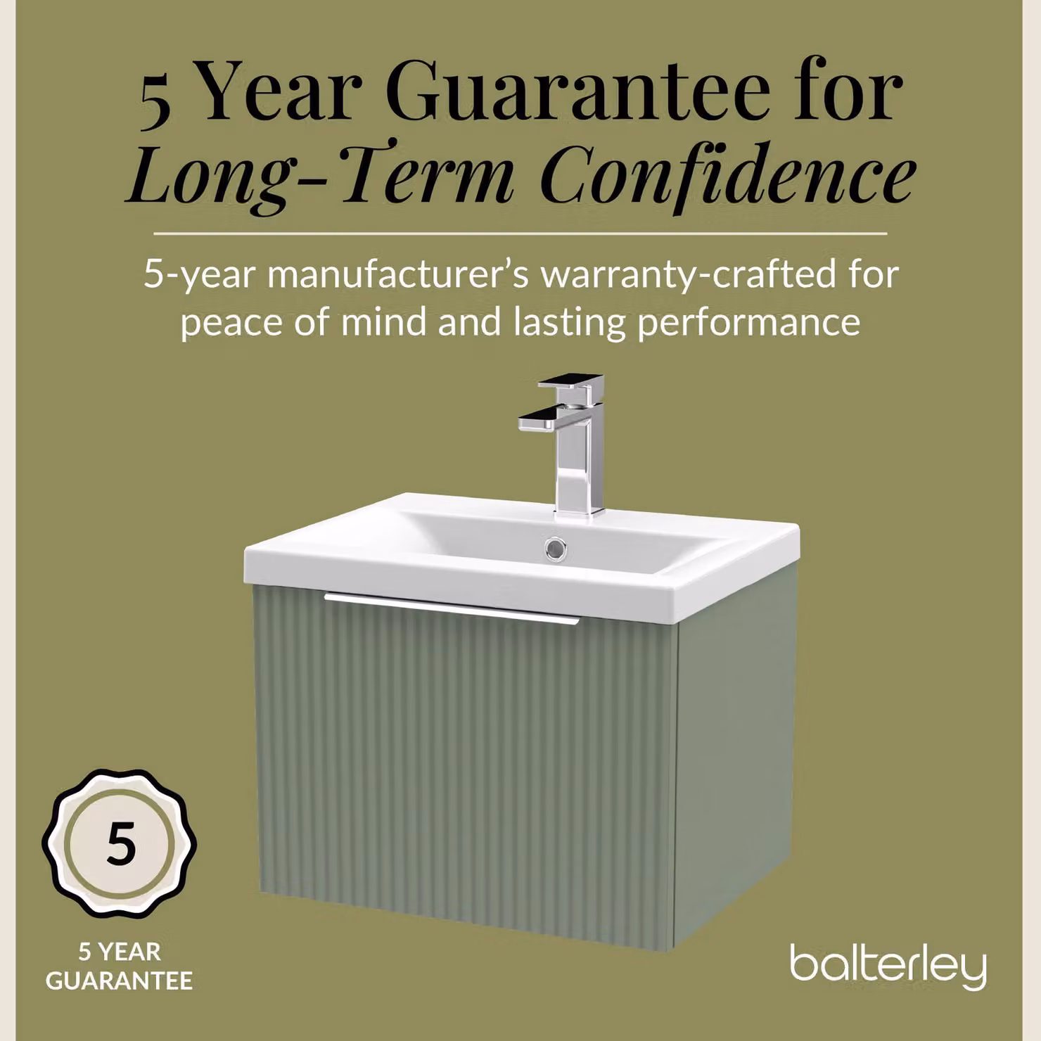 Balterley Fluted Wall Hung 1 Drawer Vanity Basin Unit and Basin, Satin Green, Width: 50 cm – 3