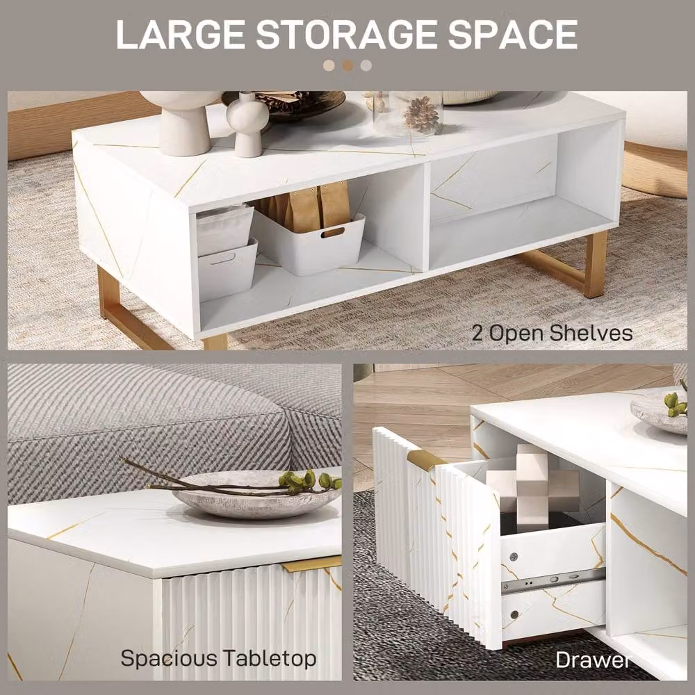 Wyld Haus Lima White Marble Effect Coffee Table with Gold Accents and 2 Storage Drawers, W/D/H: 100 x 50 x 40 cm – 3