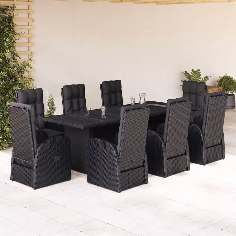 Berkfield Home 9 Piece Black Poly Rattan Garden Dining Set with Glass Table and Cushions – 2