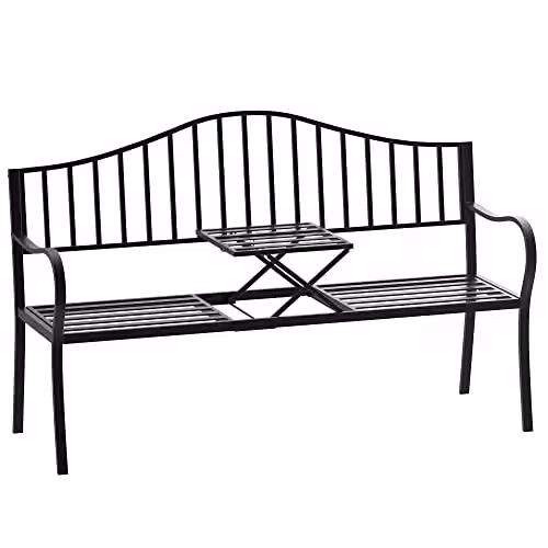 Outsunny 2 Seater Metal Garden Bench with Foldable Middle Table in Black