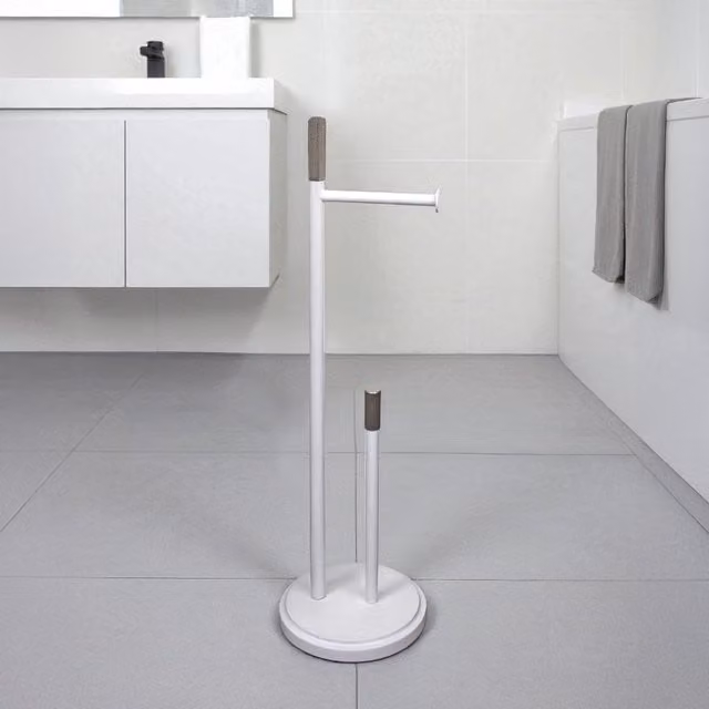 Showerdrape Chester White and Silver Freestanding Toilet Roll Holder and Spare Paper Holder Combination