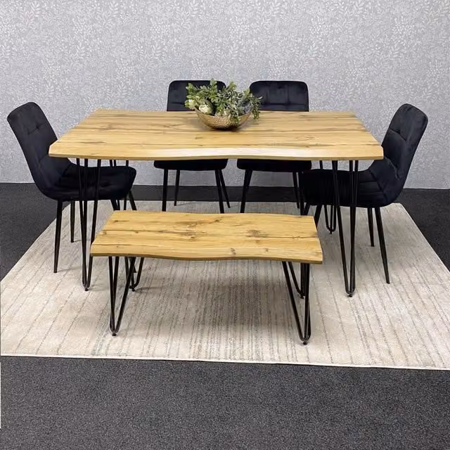 Kosy Koala Rustic Wood Dining Set with Bench and Velvet Chairs in Black and Brown, Width: 140 cm