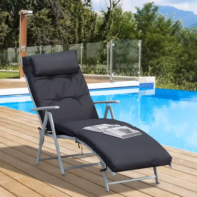 Outsunny Outdoor Patio Sun Lounger in Black with Adjustable Headrest and Powder Coated Steel Frame