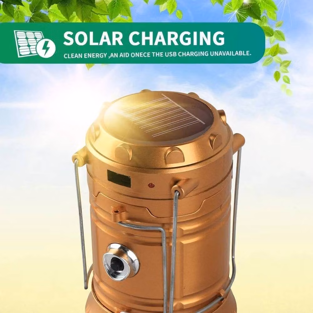 NESTLUNE Gold/Brass Collapsible Solar LED Camping Lantern with Adjustable Omnidirectional Tabletop Lighting – 2