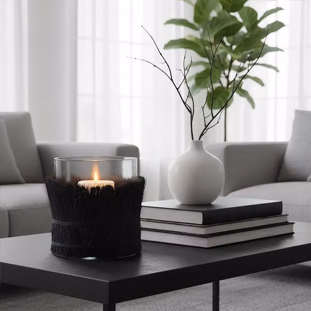 Orsina Modern Round Black Glass and Rattan Taper Candle Holder