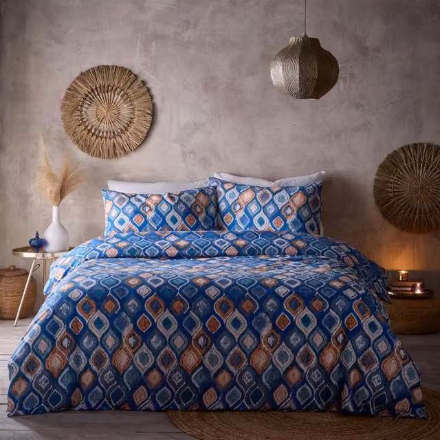 Portfolio Home Tangiers Blue Boho Graphic Duvet Cover and Pillowcase Set, W: 140 cm, H: 200 cm