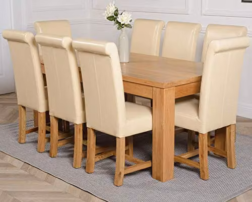 Oak Furniture King Dakota 8 Seater Dining Set with Washington Upholstered Ivory Leather Chairs and Solid Oak Table, Natural Finish, W: 182 cm, D: 92 cm – 1