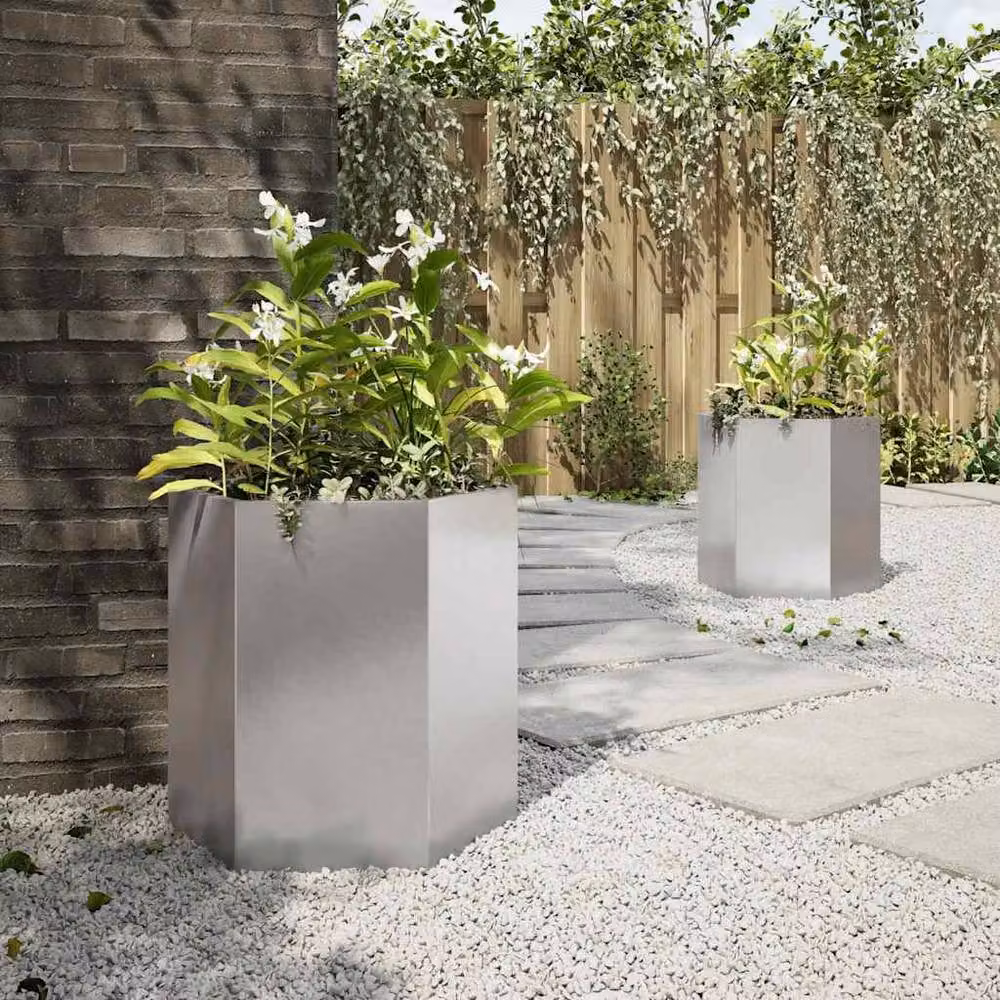 Berkfield Home Garden Hexagon Planter Set of 2, Silver Stainless Steel, W: 46 cm, D: 40 cm, H: 45 cm – 4
