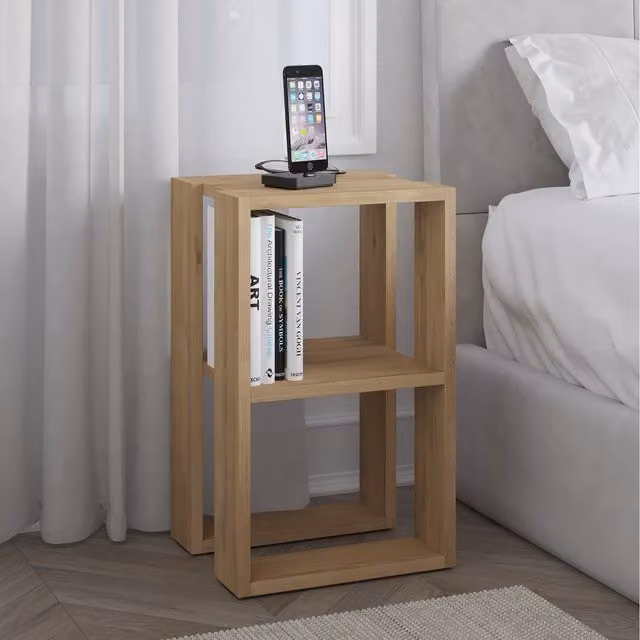 Decortie Lonie Modern Oak Bedside Table in Natural Brown and Beige, W/D/H: 30 x 34 x 55 cm