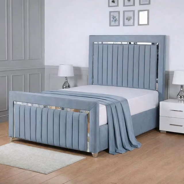 Living Comfort Bedz Chrome Edge Upholstered Velvet Slatted Base Bed with 48 Inch Headboard in Blue, Size: Small Double (W: 120 cm, D: 200 cm)