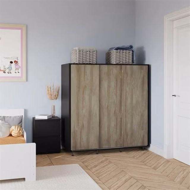 FORGEVIO Modern Bedroom Wardrobe with Hanging Rail and Oak Doors in Black and Light Oak