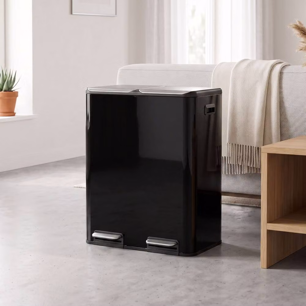 HOMCOM Stainless Steel Double Pedal Kitchen Recycling Bin with Soft Close Lid and Removable Inner Buckets, High Gloss Black, 2 x 30L – 2
