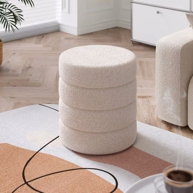 Livingandhome White Bouclé Round Upholstered Cylindrical Footstool