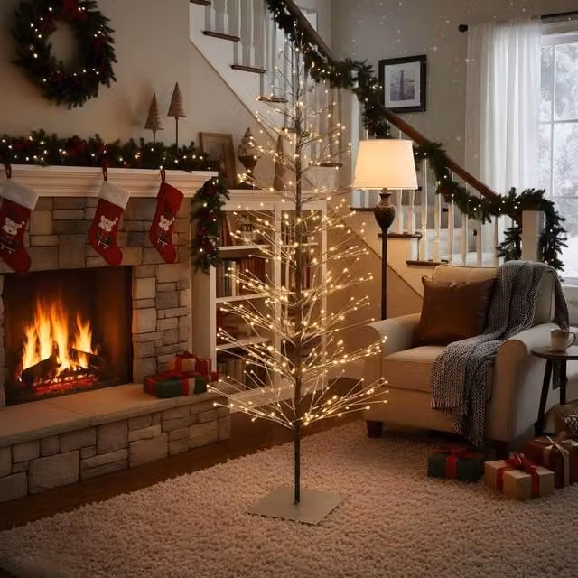 Shatchi 6ft Pre-Lit Snow Flocked Twig Tree with Warm White LEDs in White