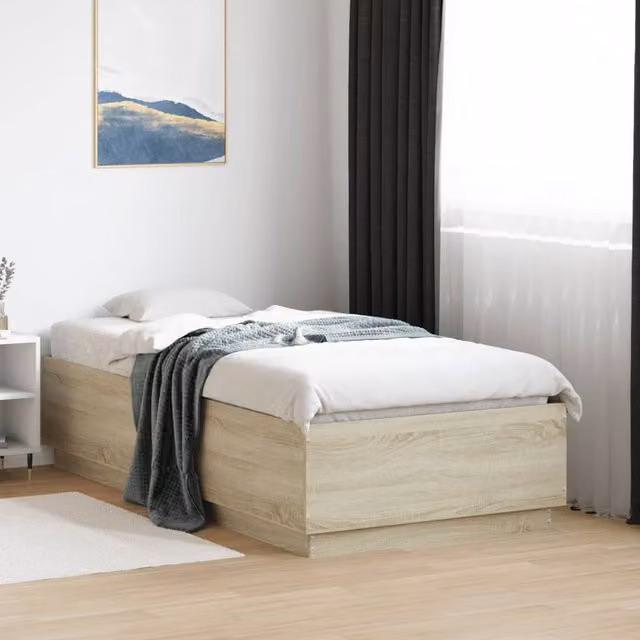 Berkfield Home Single Bed Frame with LED Lighting and USB Charging Port in Sonoma Oak Brown, W/D/H: 90 x 190 cm