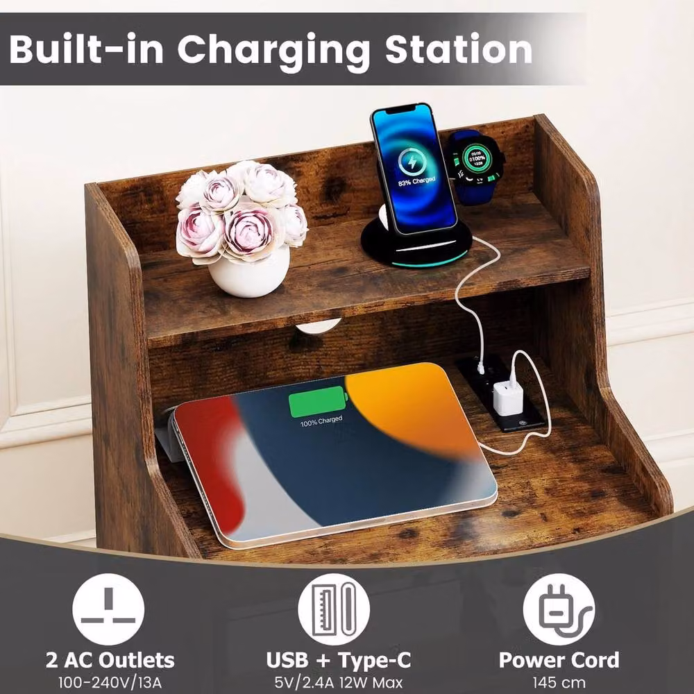 Kelvenix Modern 2-Drawer Bedside Table with Charging Station and Integrated Lighting in Brown – 4