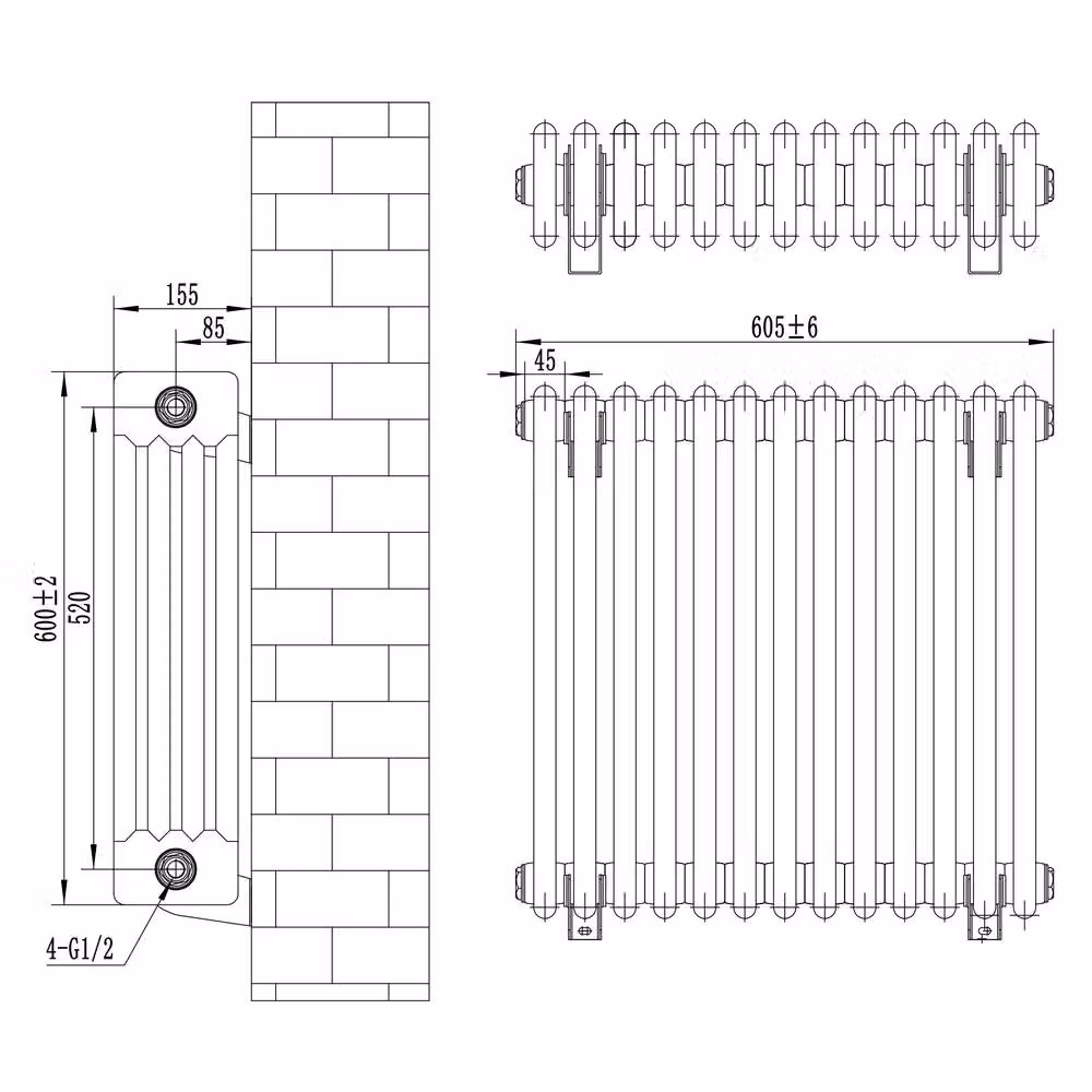 Monstershop Traditional 4 Column Steel Radiator in Anthracite Grey, H: 60.0 cm, W: 60.5 cm, D: 60.5 cm – 4